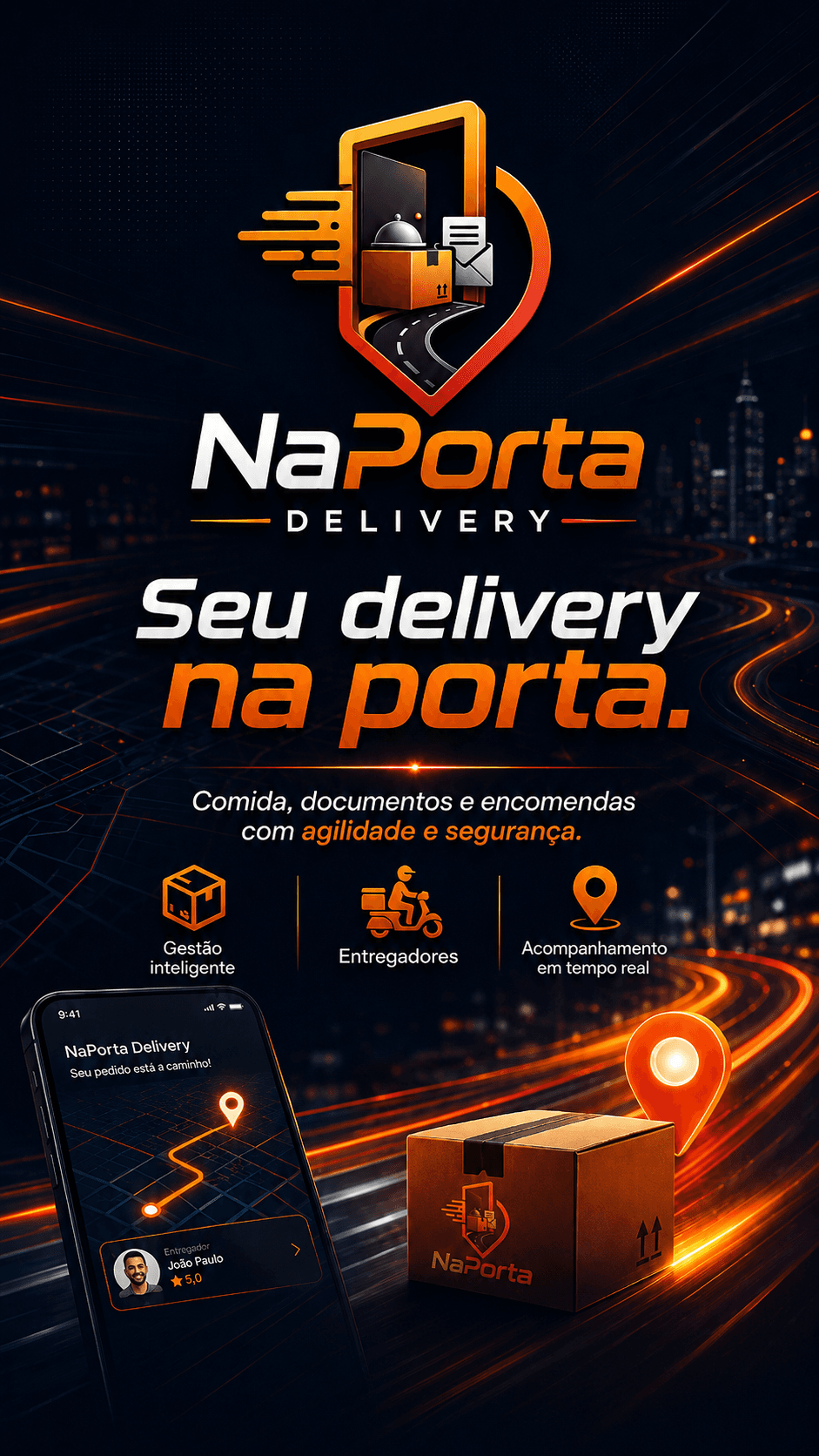 Tela do app NaPorta mostrando o mapa de uma entrega em andamento, ao lado de um pacote com a etiqueta NaPorta